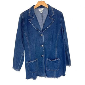 Vintage Cervelle‎ S blue jean blazer jacket frayed trim & rivets Y2K Boho Chic